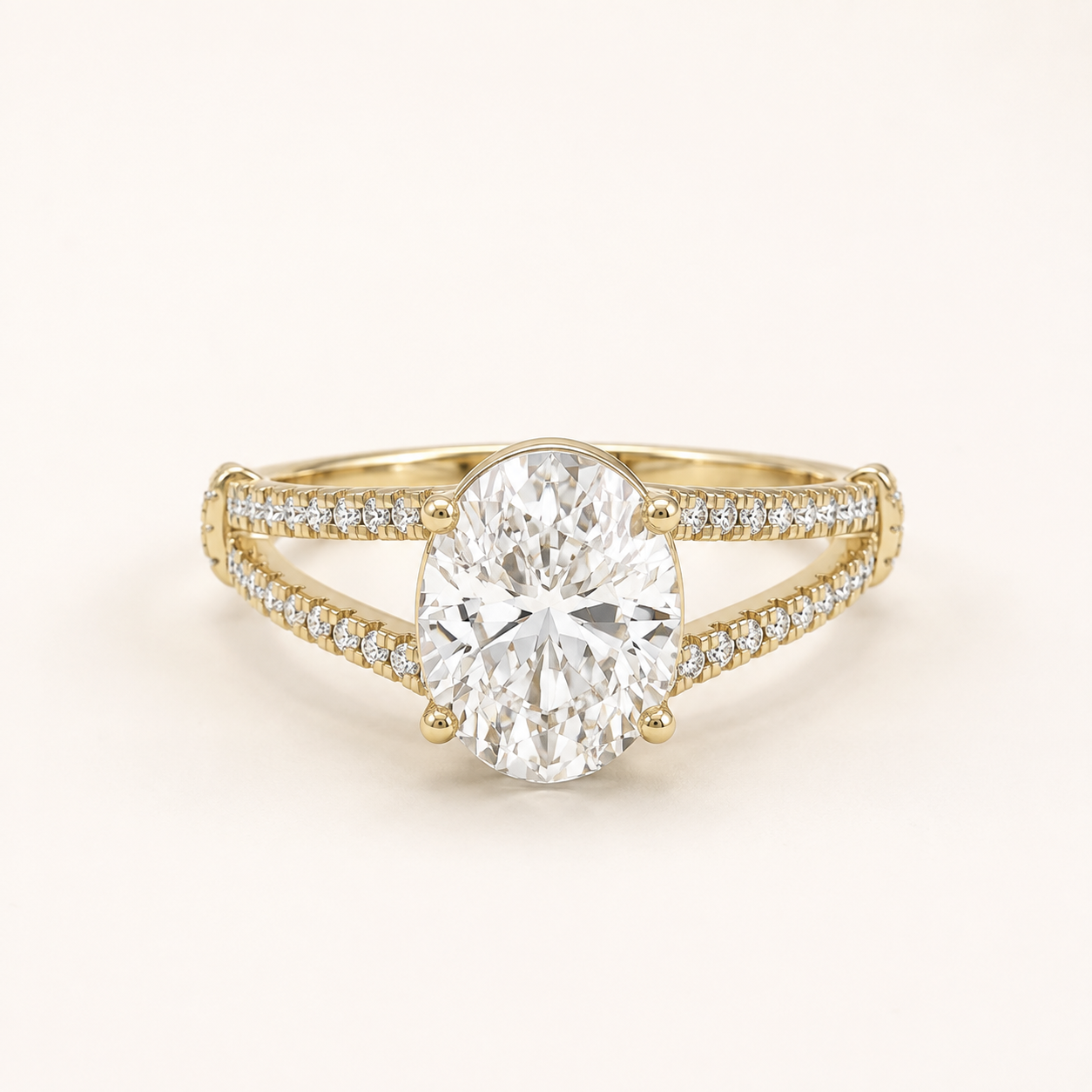 1.70 CT Oval Diamond Split Shank Ring in Yellow Gold, White Gold & Rose Gold