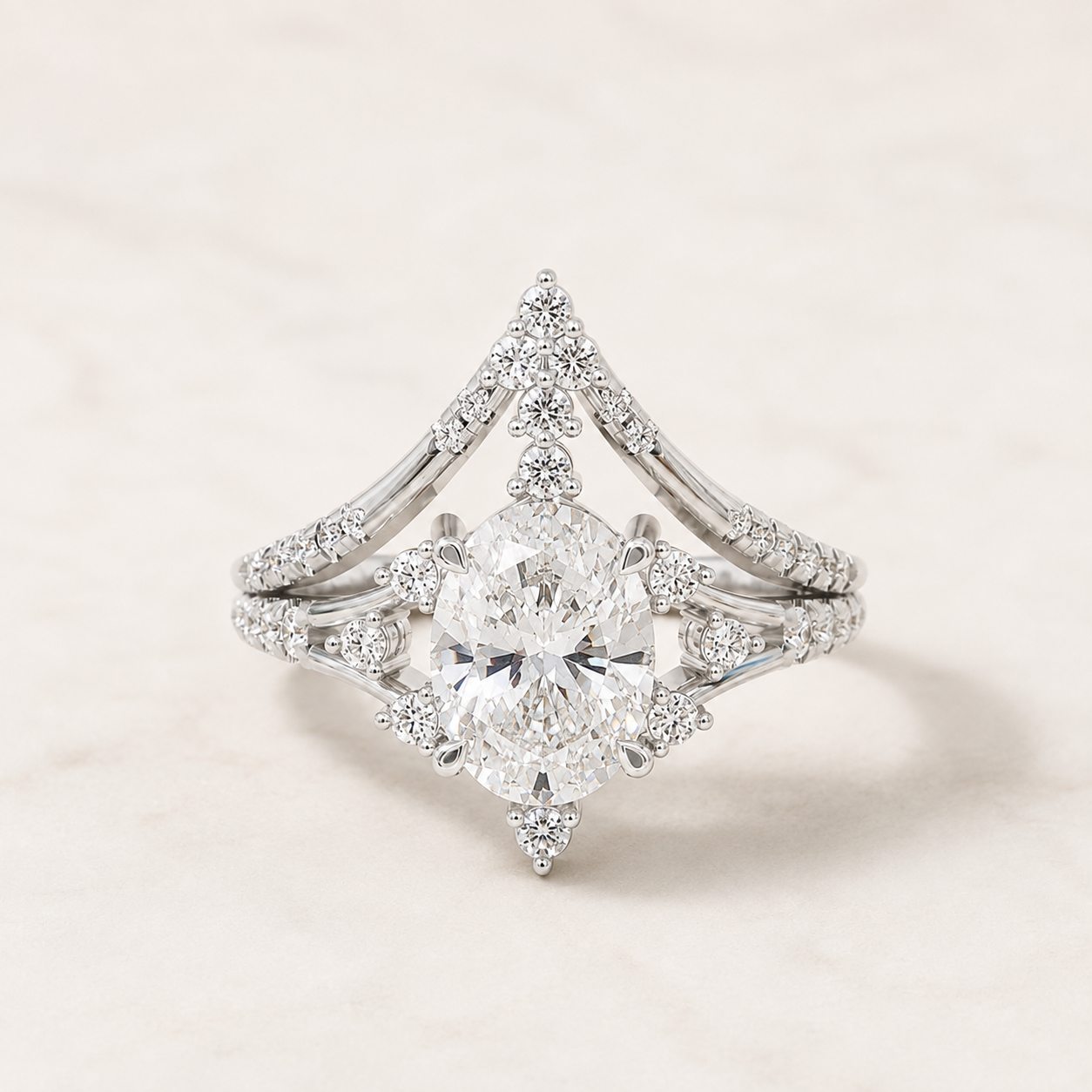 1.75 CT Oval Lab-Grown Diamond Bridal Ring Set in Yellow Gold, White Gold & Rose Gold