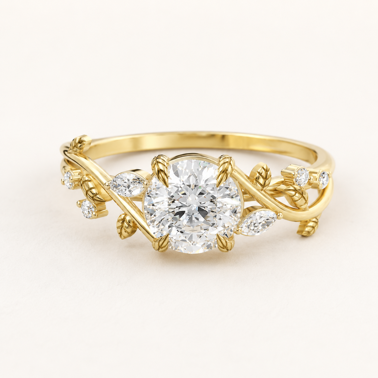 0.99 CT Round Diamond Vine Ring in Gold Yellow, White & Rose Gold