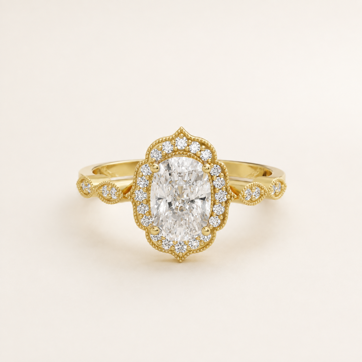1.30 CT Cushion Diamond Vintage Halo Ring in Gold Yellow, White & Rose Gold