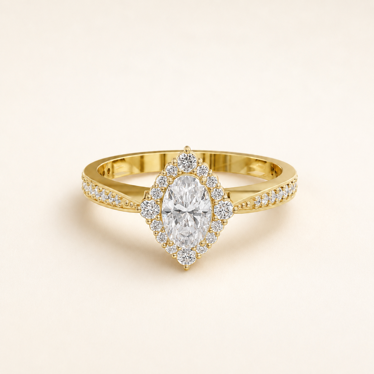 0.48 CT Oval Diamond Halo Ring in Yellow, White & Rose Gold