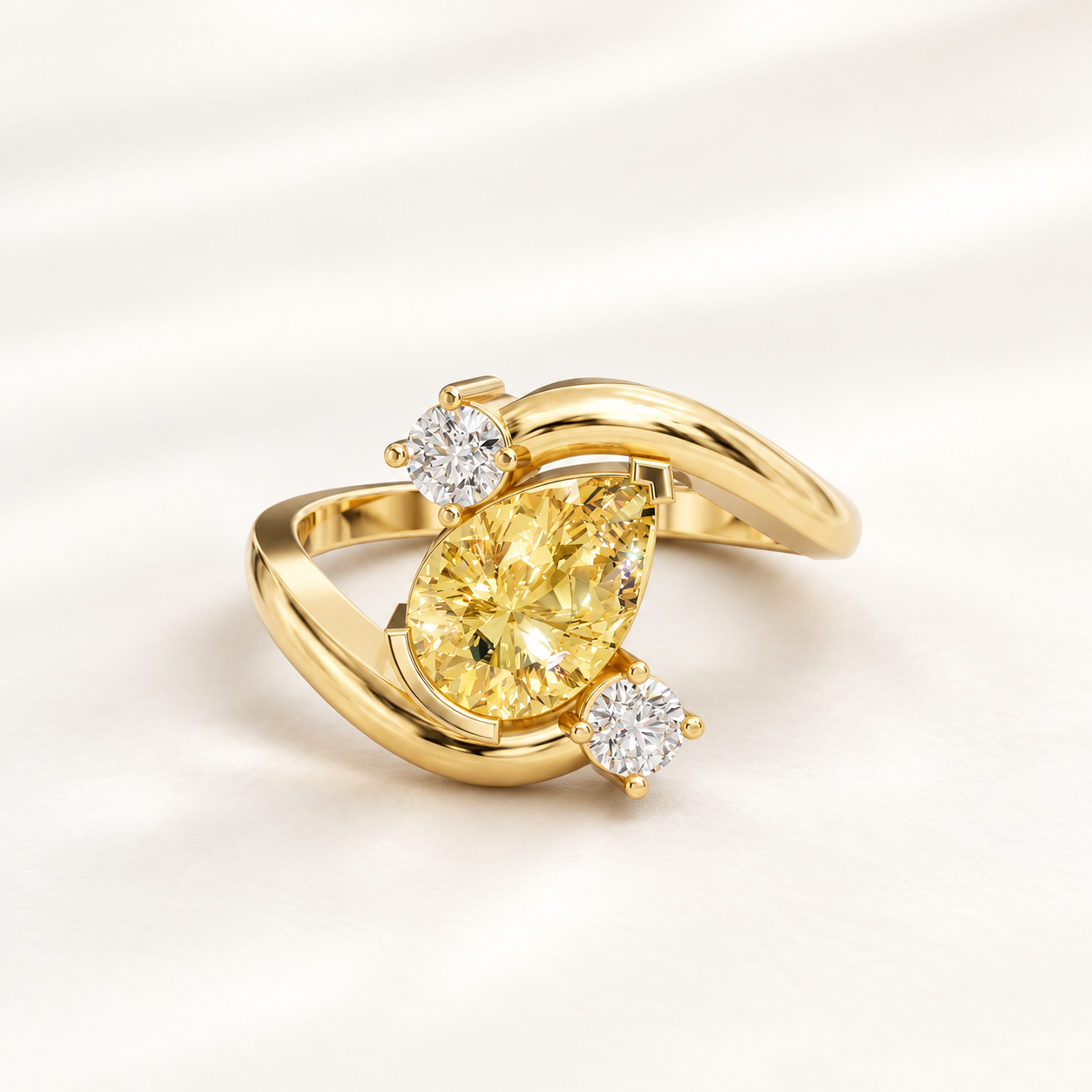 1.270 CT Yellow Pear Lab-Grown Diamond Crossover Ring in White Gold, Yellow Gold & Rose Gold