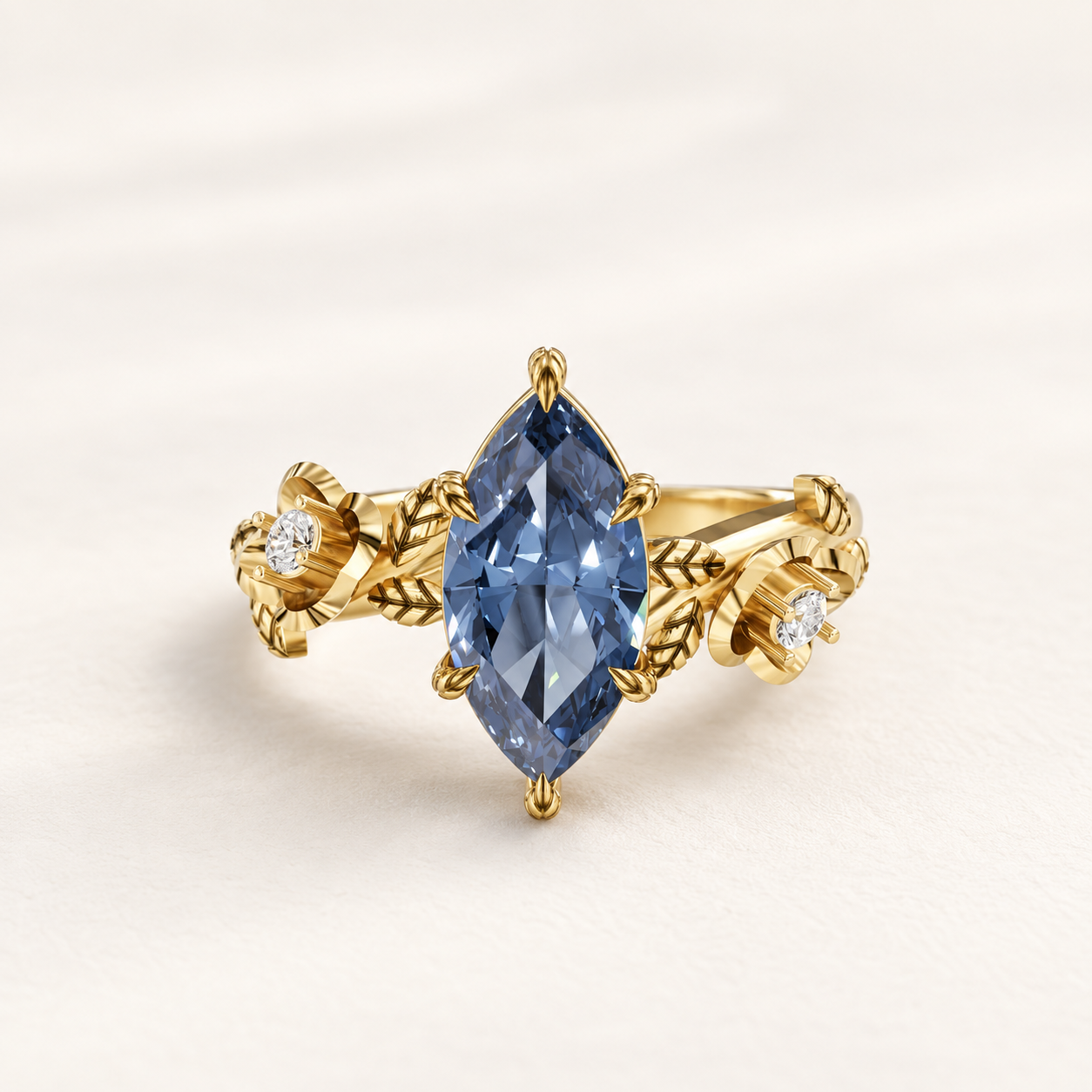 1.500 CT Blue Marquise Lab-Grown Diamond Floral Ring in White Gold, Yellow Gold & Rose Gold