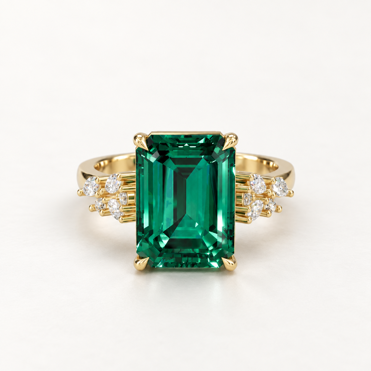 4.600 CT Green Emerald Cut Lab-Grown Diamond Statement Ring in White Gold, Yellow Gold & Rose Gold