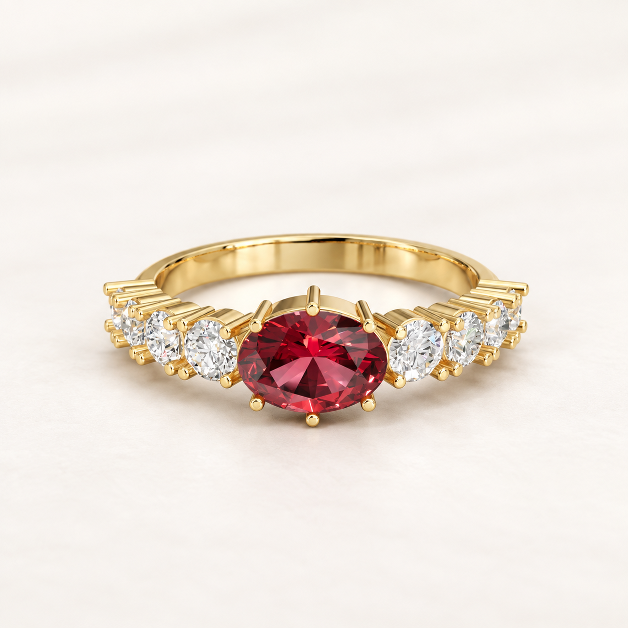 0.800 CT Red Oval Lab-Grown Diamond Statement Ring in White Gold, Yellow Gold & Rose Gold