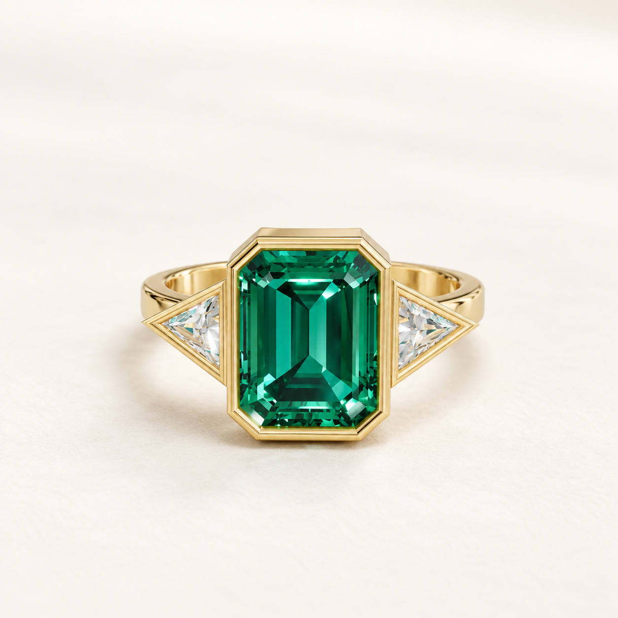 2.600 CT Green Emerald Cut Lab-Grown Diamond Three-Stone Ring in White Gold, Yellow Gold & Rose Gold