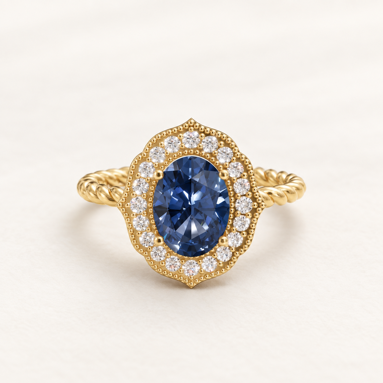 1.150 CT Blue Oval Lab-Grown Diamond Vintage Halo Ring in White Gold, Yellow Gold & Rose Gold