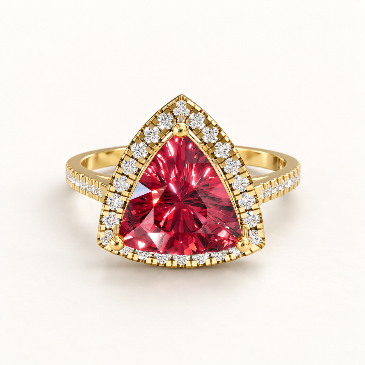 2.250 CT Red Trillion Lab-Grown Diamond Halo Ring in White Gold, Yellow Gold & Rose Gold
