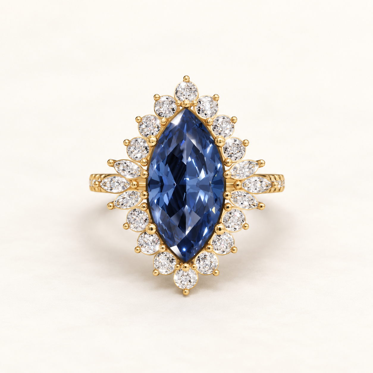 2.500 CT Blue Marquise Lab-Grown Diamond Floral Halo Ring in White Gold, Yellow Gold & Rose Gold