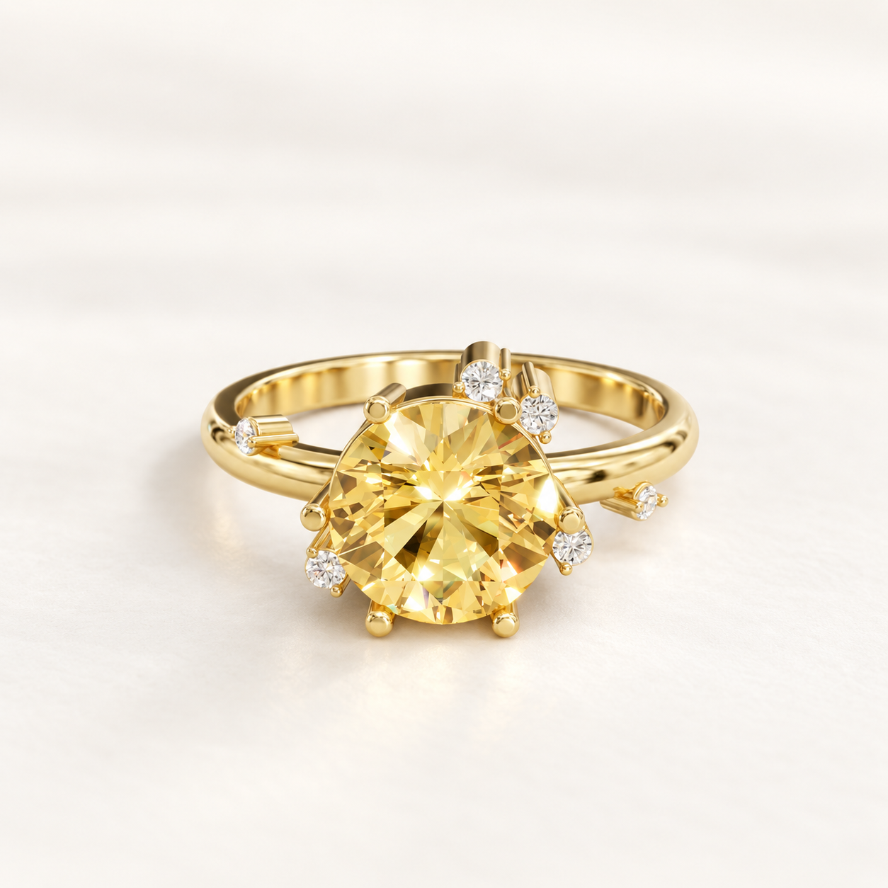 1.900 CT Yellow Round Lab-Grown Diamond Asymmetrical Ring in White Gold, Yellow Gold & Rose Gold