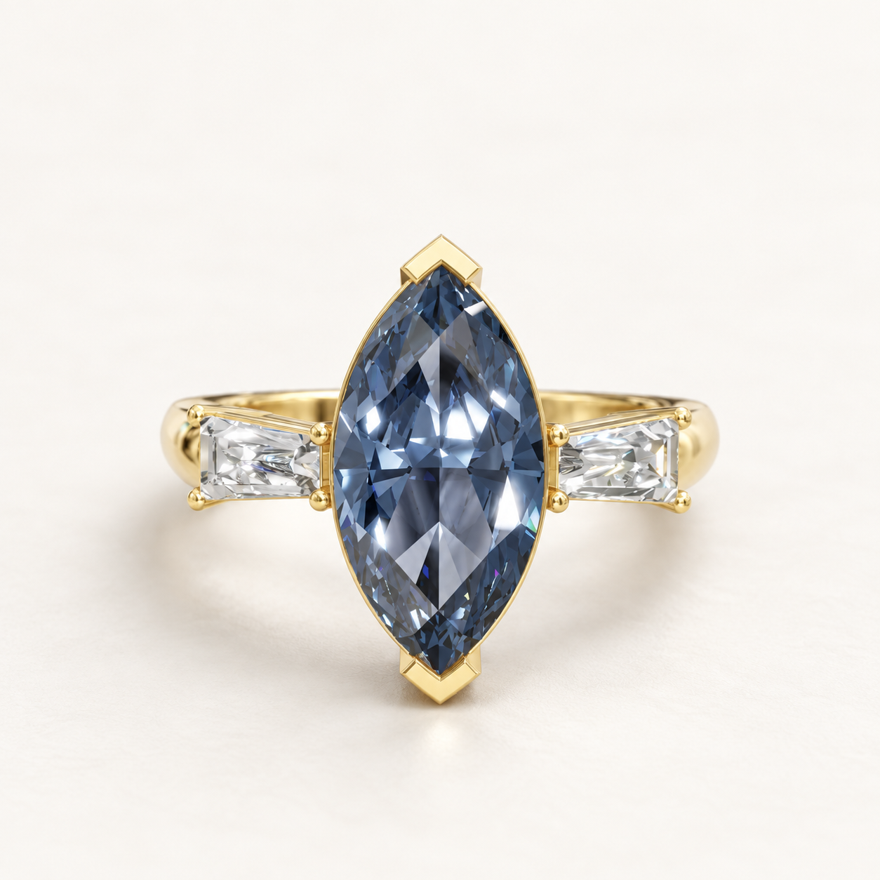2.600 CT Blue Marquise Lab-Grown Diamond Three-Stone Ring in White Gold, Yellow Gold & Rose Gold
