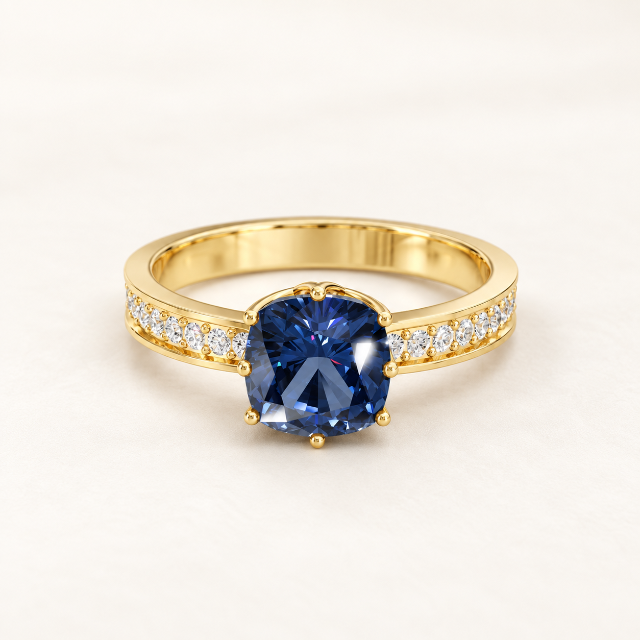 1.400 CT Blue Cushion Lab-Grown Diamond Accent Ring in White Gold, Yellow Gold & Rose Gold
