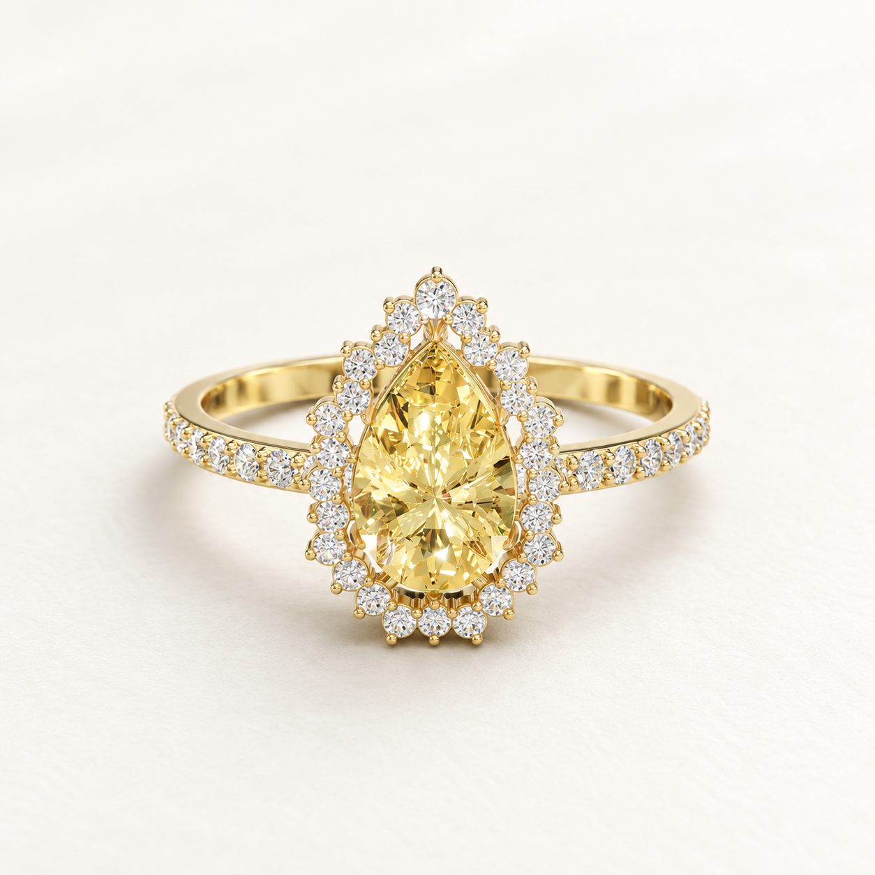 0.880 CT Yellow Pear Lab-Grown Diamond Halo Ring in White Gold, Yellow Gold & Rose Gold