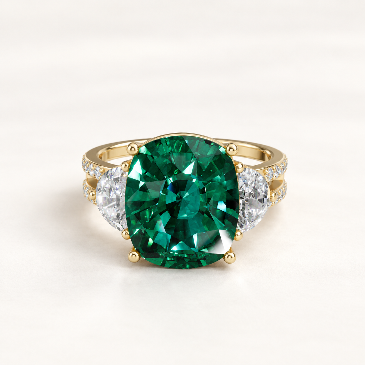6.250 CT Green Cushion Lab-Grown Diamond Three-Stone Ring in White Gold, Yellow Gold & Rose Gold