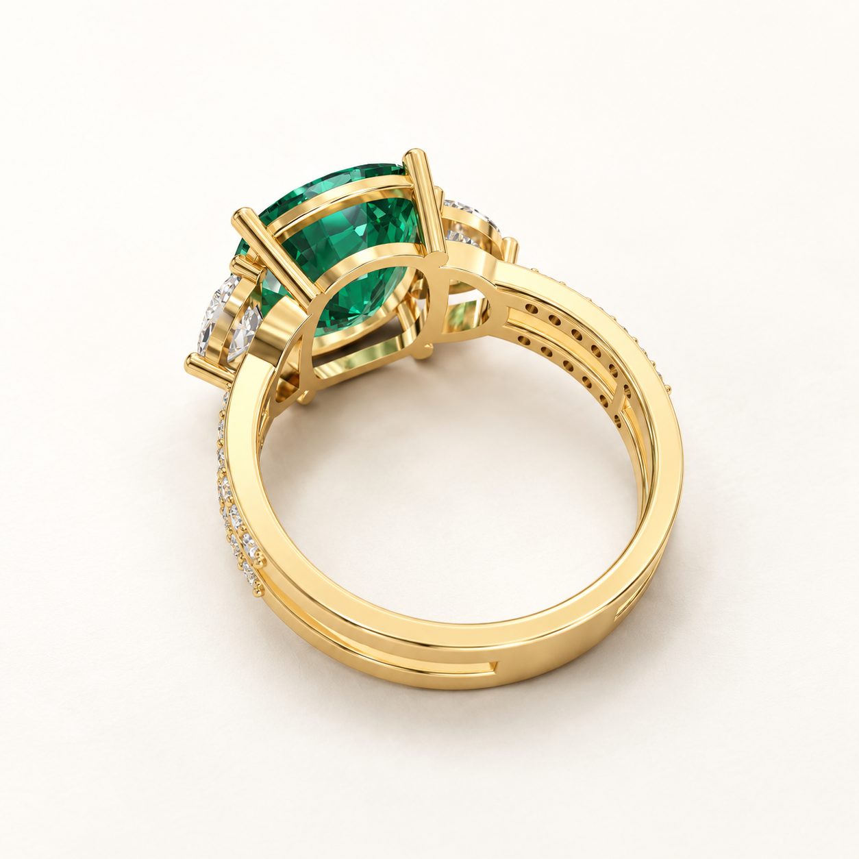 6.250 CT Green Cushion Lab-Grown Diamond Three-Stone Ring in White Gold, Yellow Gold & Rose Gold — product gallery image
