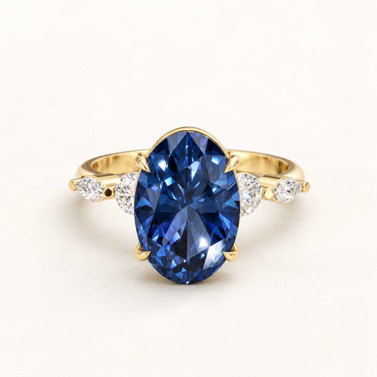 3.600 CT Blue Oval Lab-Grown Diamond Side-Stone Ring in White Gold, Yellow Gold & Rose Gold