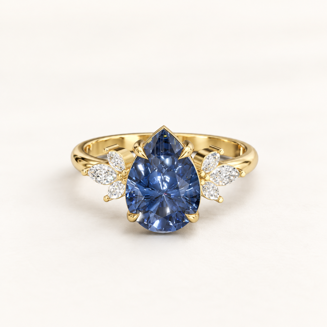 1.600 CT Blue Pear Cut Lab Grown Diamond Ring in White Gold, Yellow Gold & Rose Gold | Floral Engagement Ring