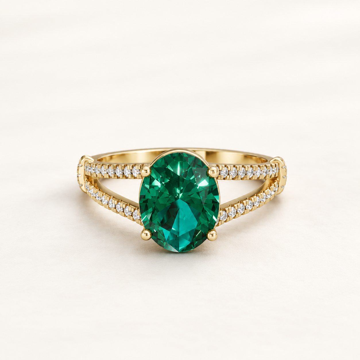 1.700 CT Green Oval Lab Grown Diamond Split Shank Ring in White Gold, Yellow Gold & Rose Gold | Luxury Engagement Ring