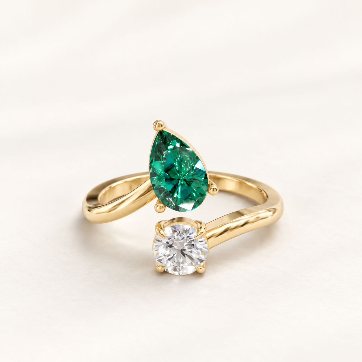0.780 CT Green Pear Lab Grown Diamond & Round Diamond Open Ring in White Gold, Yellow Gold & Rose Gold