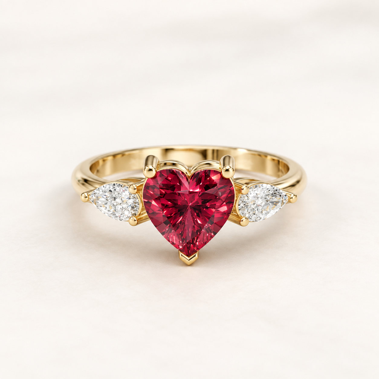 1.300 CT Red Heart Lab Grown Diamond Three Stone Ring in White Gold, Yellow Gold & Rose Gold