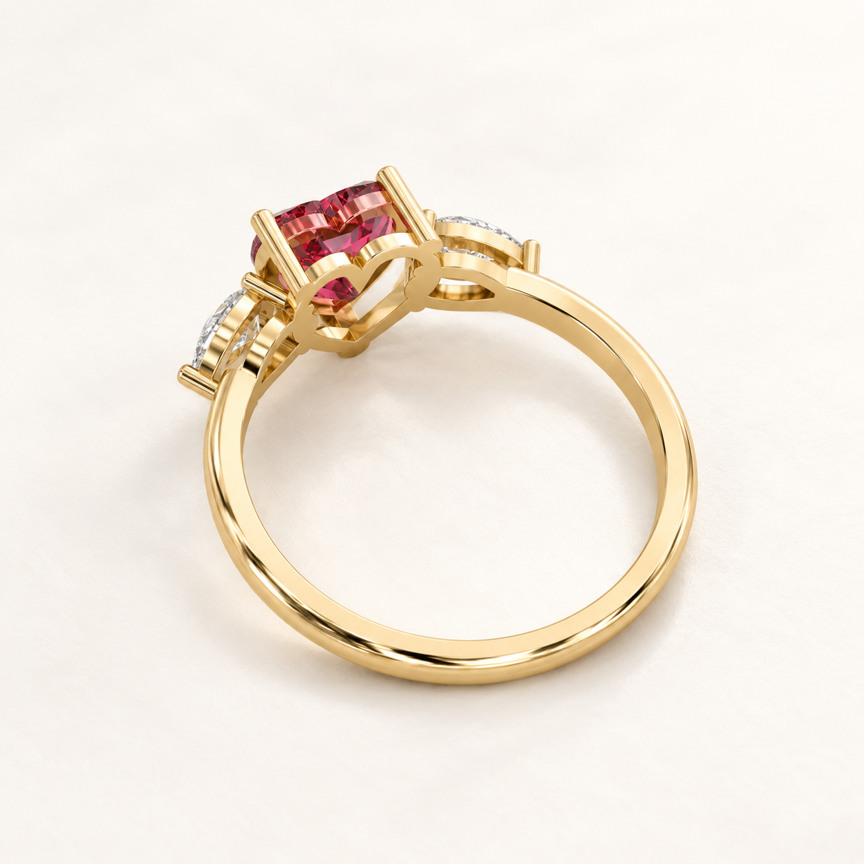 1.300 CT Red Heart Lab Grown Diamond Three Stone Ring in White Gold, Yellow Gold & Rose Gold — product gallery image