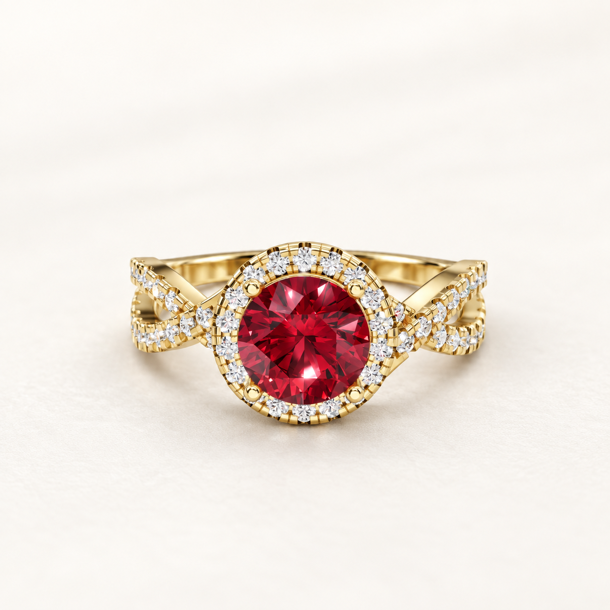 1.050 CT Round Red Gemstone Diamond Halo Ring in 9K, 14K & 18K Yellow Gold, White Gold & Rose Gold | NyvaaraLuxe