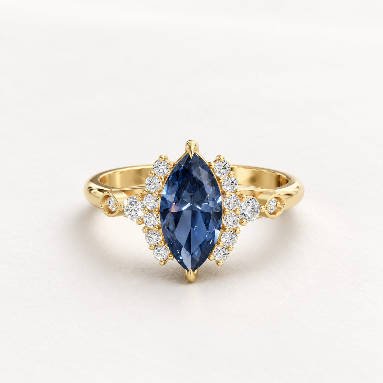 0.980 CT Marquise Blue Gemstone Diamond Halo Ring in 9K, 14K & 18K Yellow Gold, White Gold & Rose Gold | NyvaaraLuxe