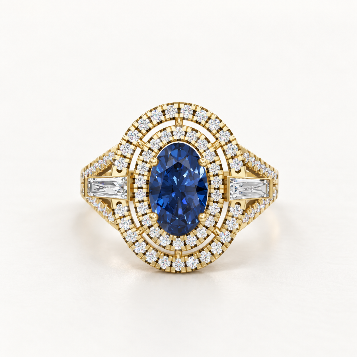 1.100 CT Oval Blue Gemstone Diamond Double Halo Ring in 9K, 14K & 18K Yellow Gold, White Gold & Rose Gold |