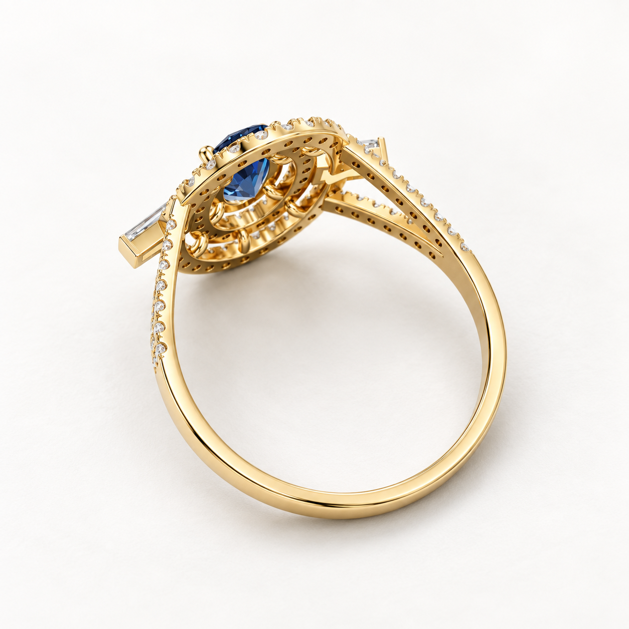 1.100 CT Oval Blue Gemstone Diamond Double Halo Ring in 9K, 14K & 18K Yellow Gold, White Gold & Rose Gold | — product