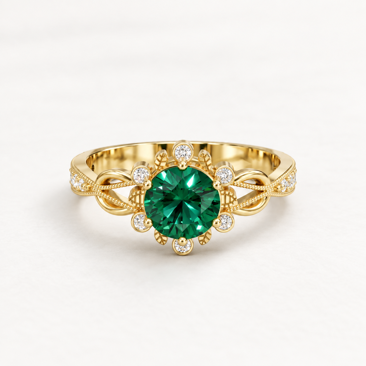0.990 CT Round Green Gemstone Diamond Vintage Floral Ring in 9K, 14K & 18K Yellow Gold, White Gold & Rose Gold |