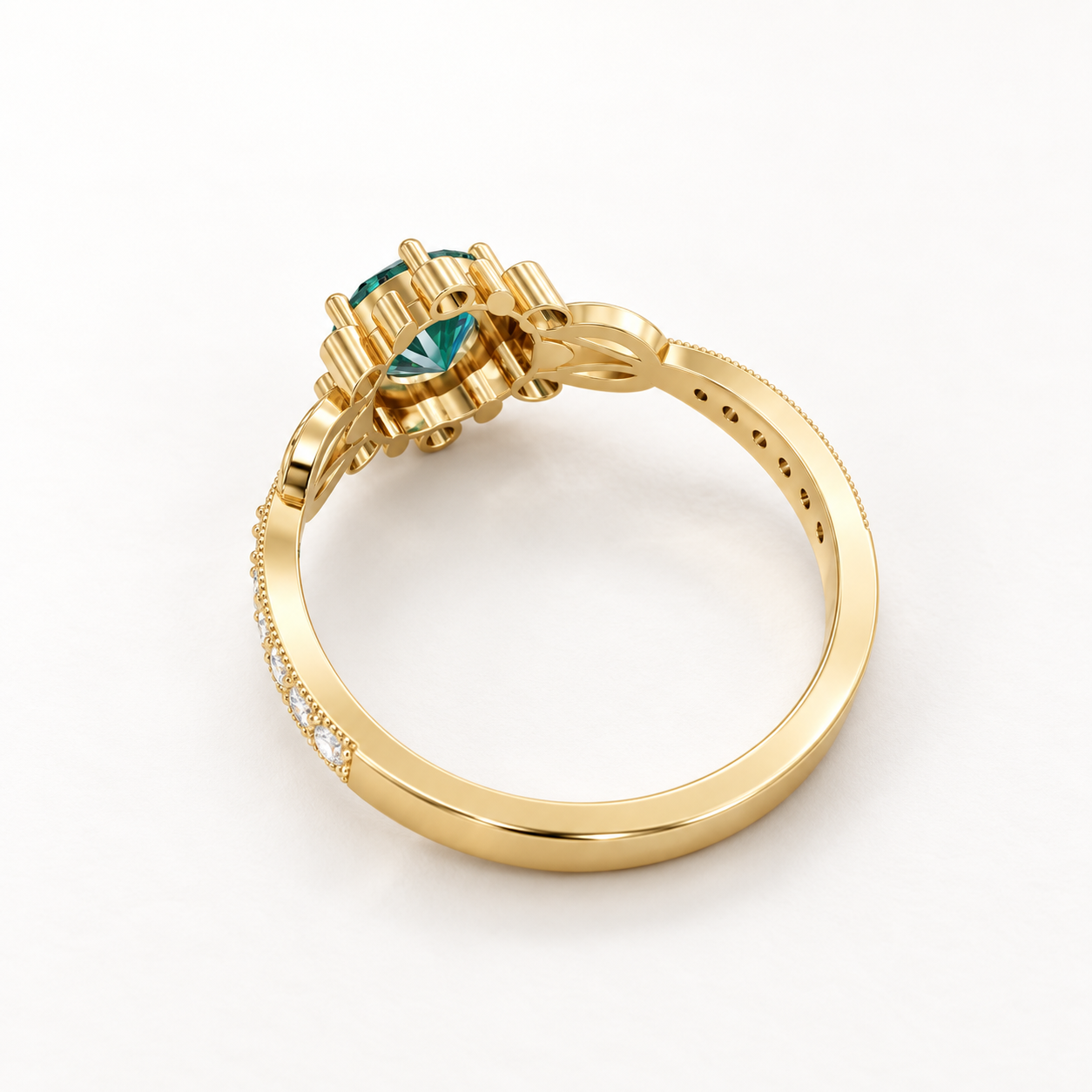 0.990 CT Round Green Gemstone Diamond Vintage Floral Ring in 9K, 14K & 18K Yellow Gold, White Gold & Rose Gold | — product