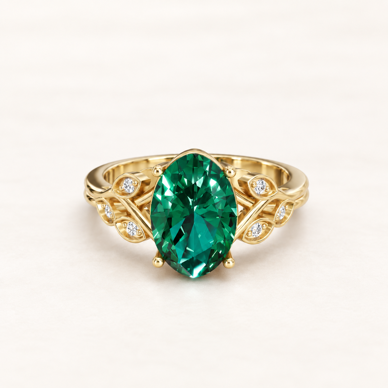 2.300 CT Oval Green Gemstone Diamond Nature-Inspired Ring in 9K, 14K & 18K Yellow Gold, White Gold & Rose Gold |