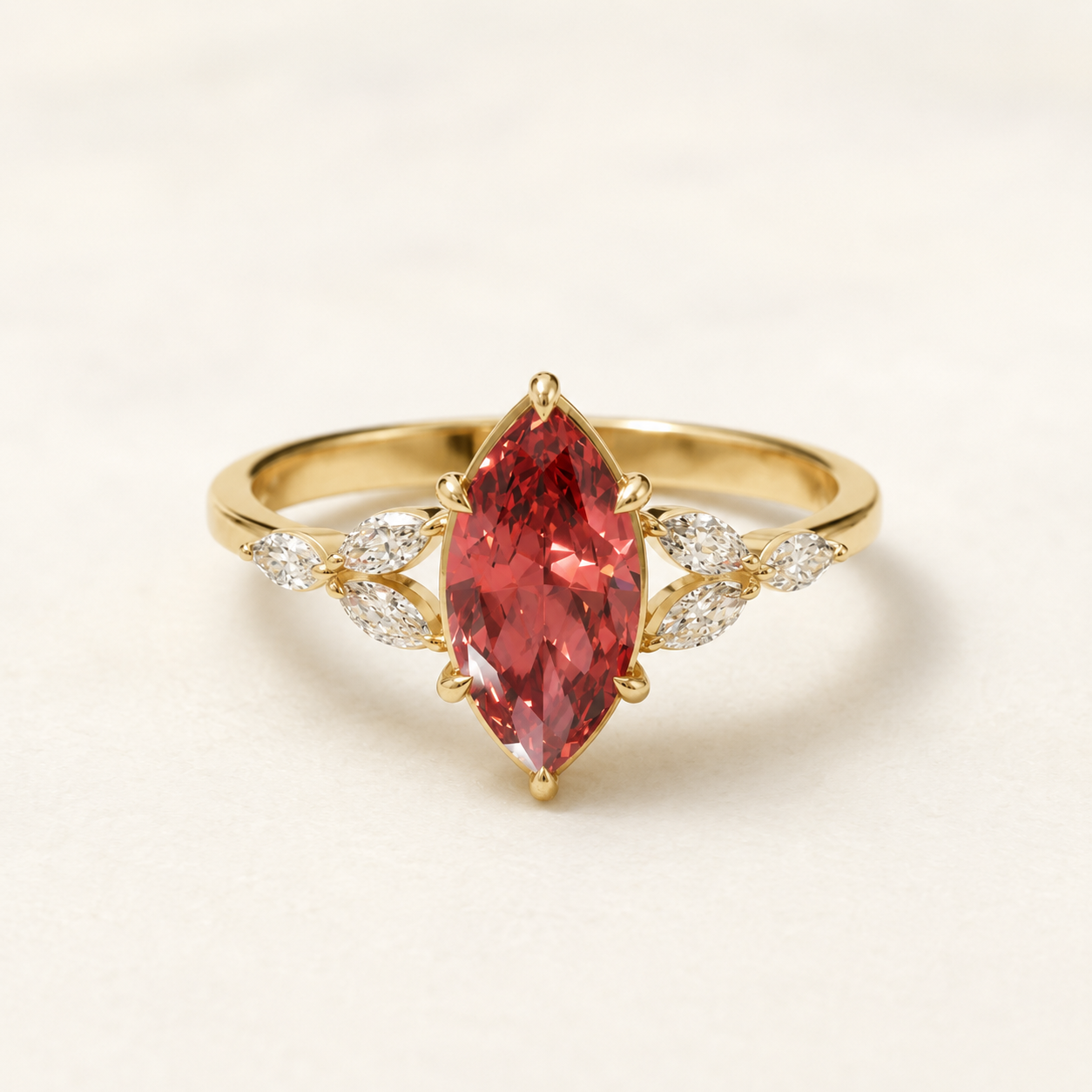 1.27 CT Red Marquise Cut Gemstone Ring in Yellow Gold, White Gold & Rose Gold | Leaf Side Stone Engagement Ring – NyvaaraLuxe