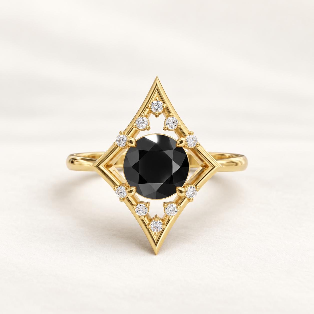 0.80 CT Black Round Cut Statement Gemstone Ring in Yellow Gold, White Gold & Rose Gold | Geometric Diamond Ring – NyvaaraLuxe