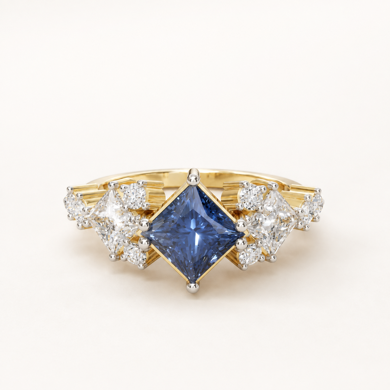 1.20 CT Blue Princess Cut Gemstone Ring in Yellow Gold, White Gold & Rose Gold | Luxury Statement Engagement Ring – NyvaaraLuxe
