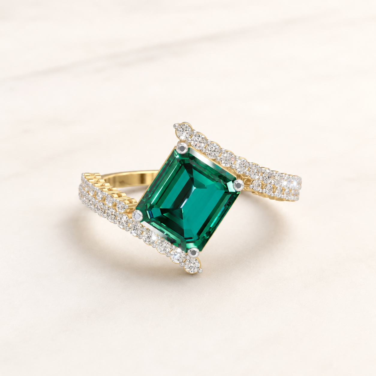 2.25 CT Green Emerald Cut Gemstone Ring in Yellow Gold, White Gold & Rose Gold | Double Pavé Statement Engagement Ring – NyvaaraLuxe
