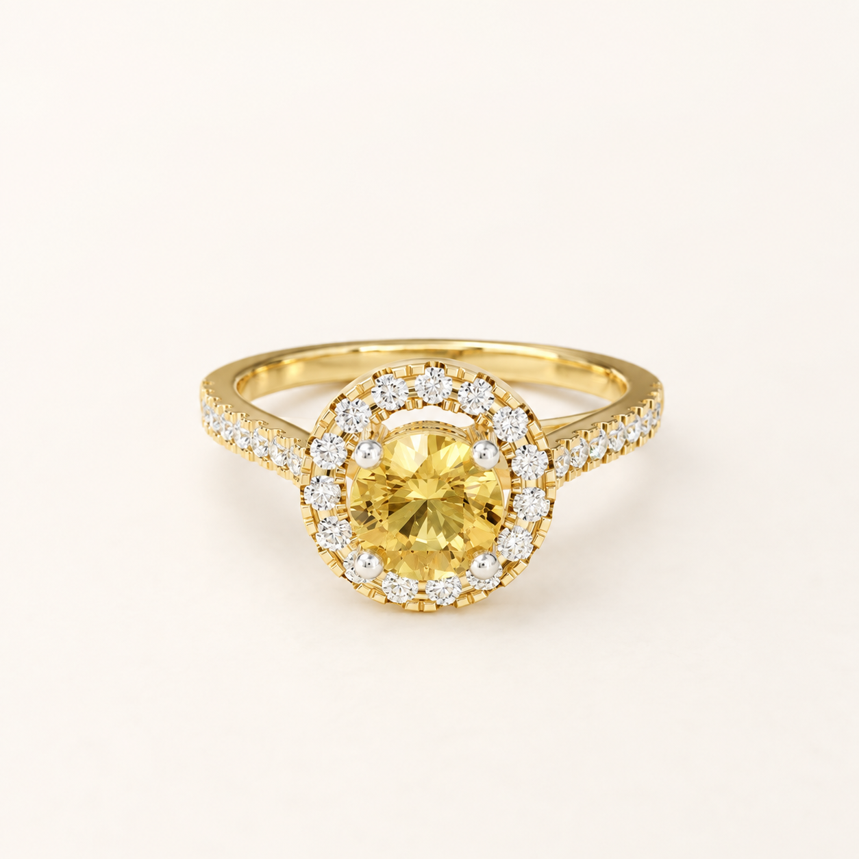 0.65 CT Yellow Round Cut Halo Ring in Yellow Gold, White Gold & Rose Gold | Pavé Engagement Ring – NyvaaraLuxe