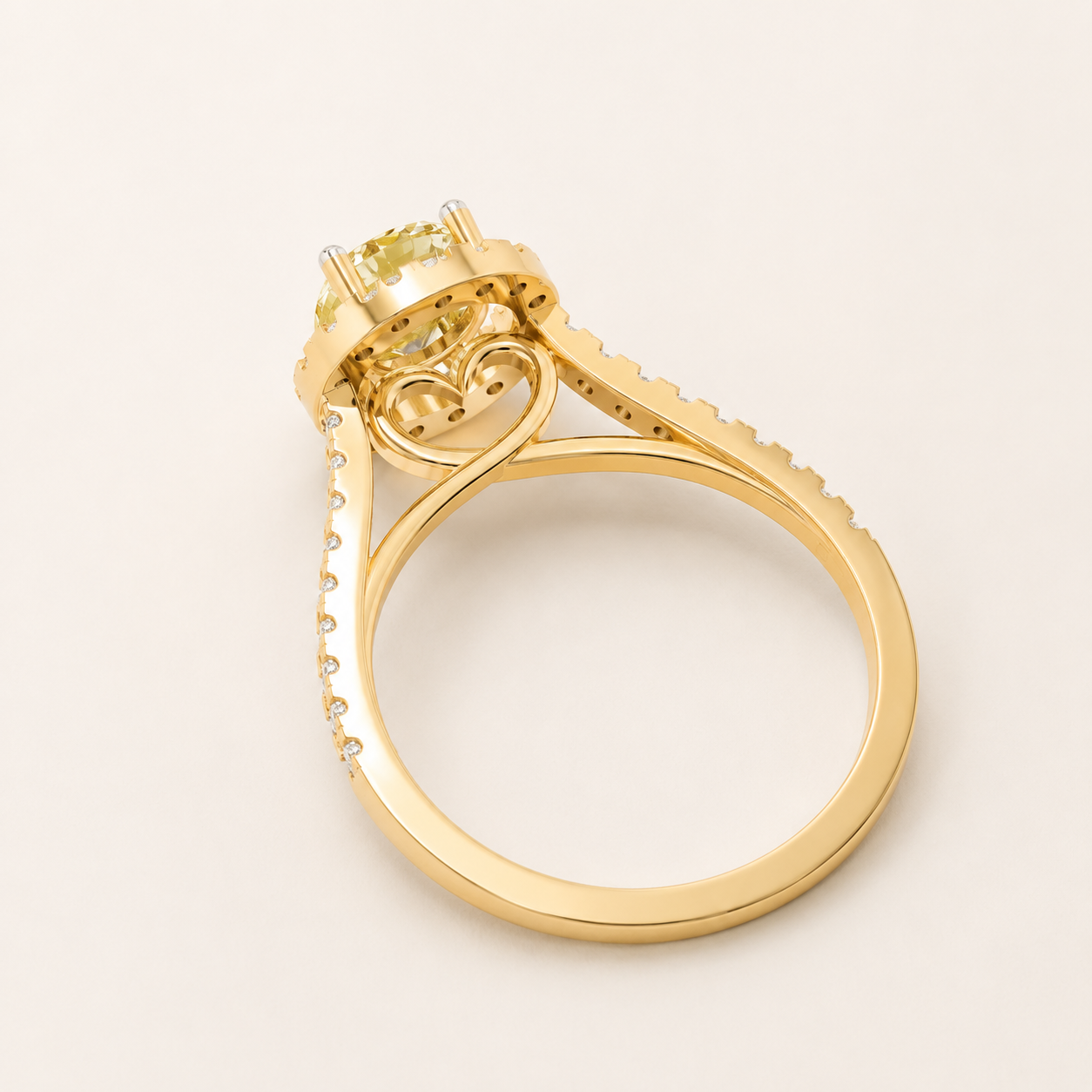 0.65 CT Yellow Round Cut Halo Ring in Yellow Gold, White Gold & Rose Gold | Pavé Engagement Ring – NyvaaraLuxe - view 2