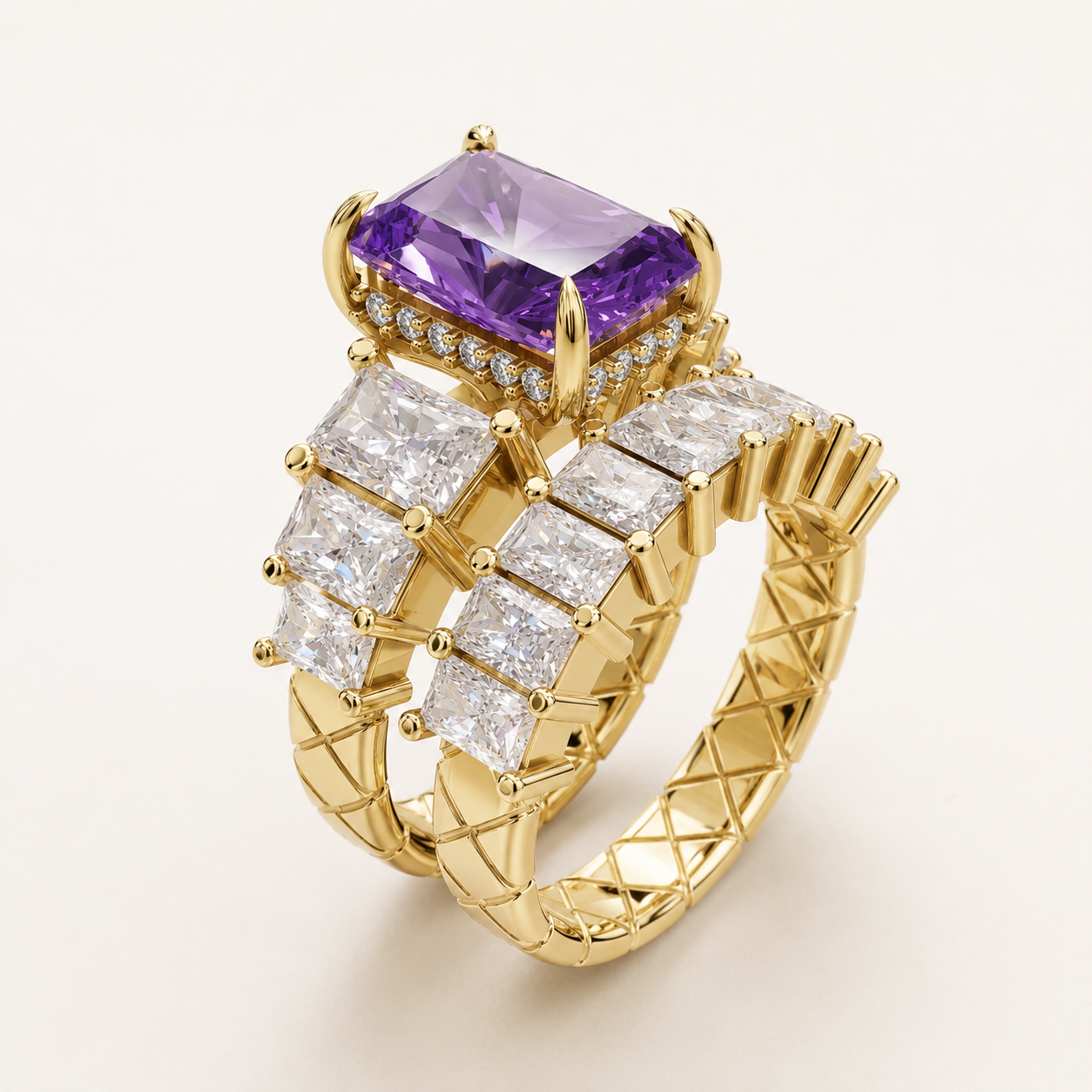 3.40 CT Purple Radiant Cut Statement Ring in 10K 14K 18K Yellow Gold, White Gold & Rose Gold | NyvaaraLuxe - view 2