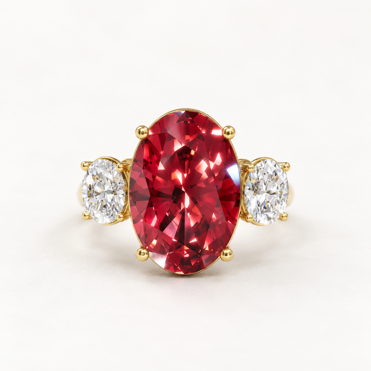 5.50 CT Red Oval Cut Three Stone Ring in 10K 14K 18K Yellow Gold, White Gold & Rose Gold | NyvaaraLuxe