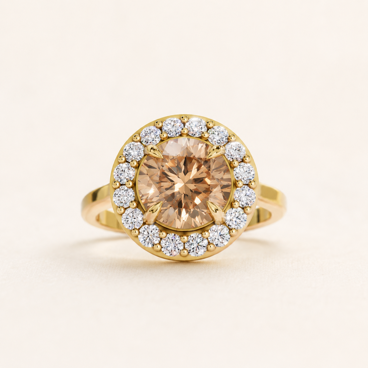 1.75 CT Round Cut Champagne Gemstone Halo Ring in 10K 14K 18K Yellow Gold, White Gold & Rose Gold | Luxury Ring | NyvaaraLuxe