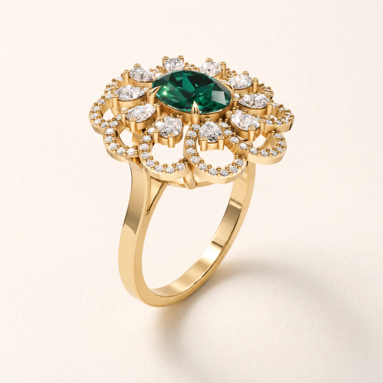 1.25 CT Oval Cut Green Gemstone Floral Halo Ring in 10K 14K 18K Yellow Gold, White Gold & Rose Gold | Luxury Statement Ring | NyvaaraLuxe - view 2