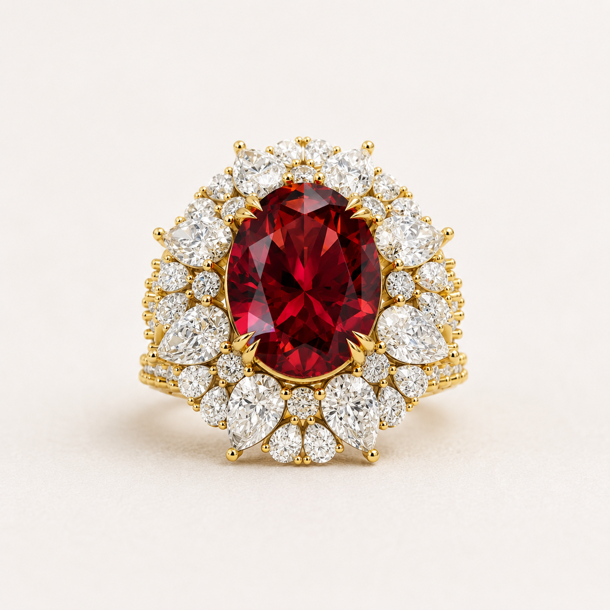 5.00 CT Oval Cut Ruby Red Gemstone Floral Halo Ring in 10K 14K 18K Yellow Gold, White Gold & Rose Gold | Luxury Statement Ring | NyvaaraLuxe