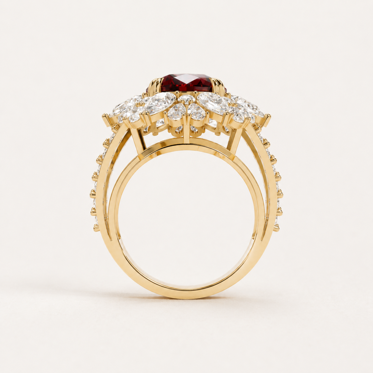 5.00 CT Oval Cut Ruby Red Gemstone Floral Halo Ring in 10K 14K 18K Yellow Gold, White Gold & Rose Gold | Luxury Statement Ring | NyvaaraLuxe - view 2