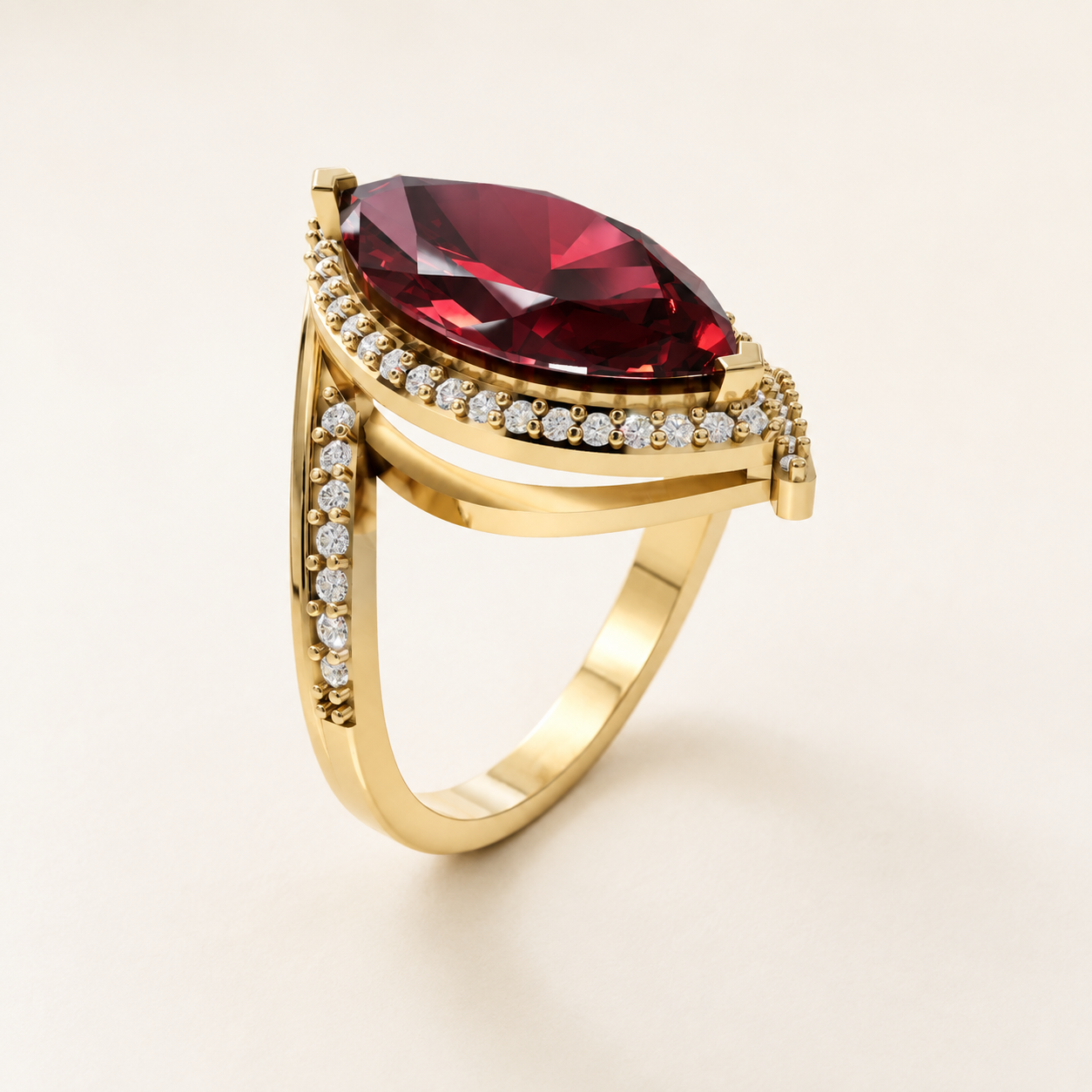 3.25 CT Marquise Cut Ruby Red Gemstone Halo Ring in 10K 14K 18K Yellow Gold, White Gold & Rose Gold | Luxury Statement Ring | NyvaaraLuxe - view 2