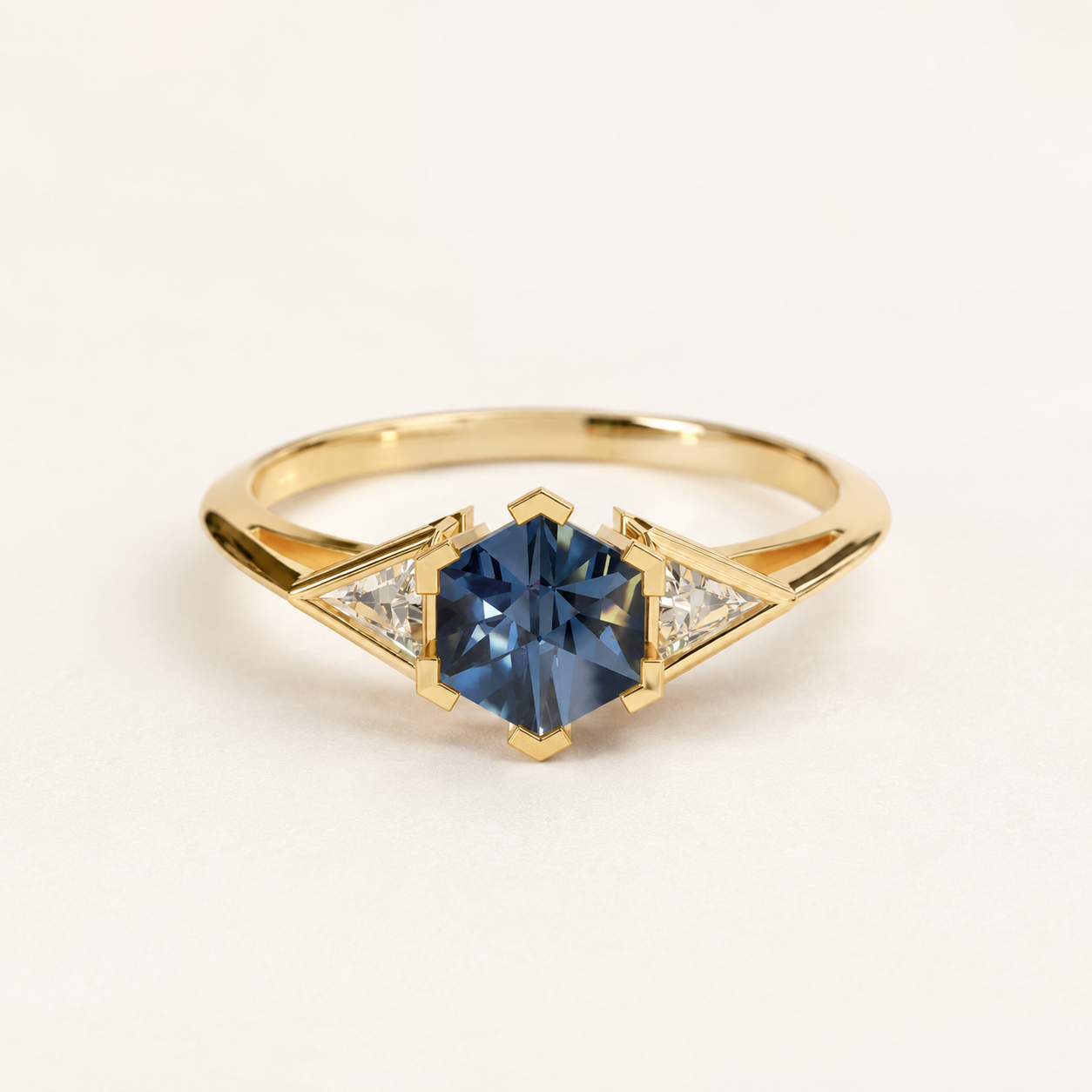 1.25 CT Hexagon Cut Blue Gemstone Three Stone Ring in 10K 14K 18K Yellow Gold, White Gold & Rose Gold | Art Deco Ring | NyvaaraLuxe