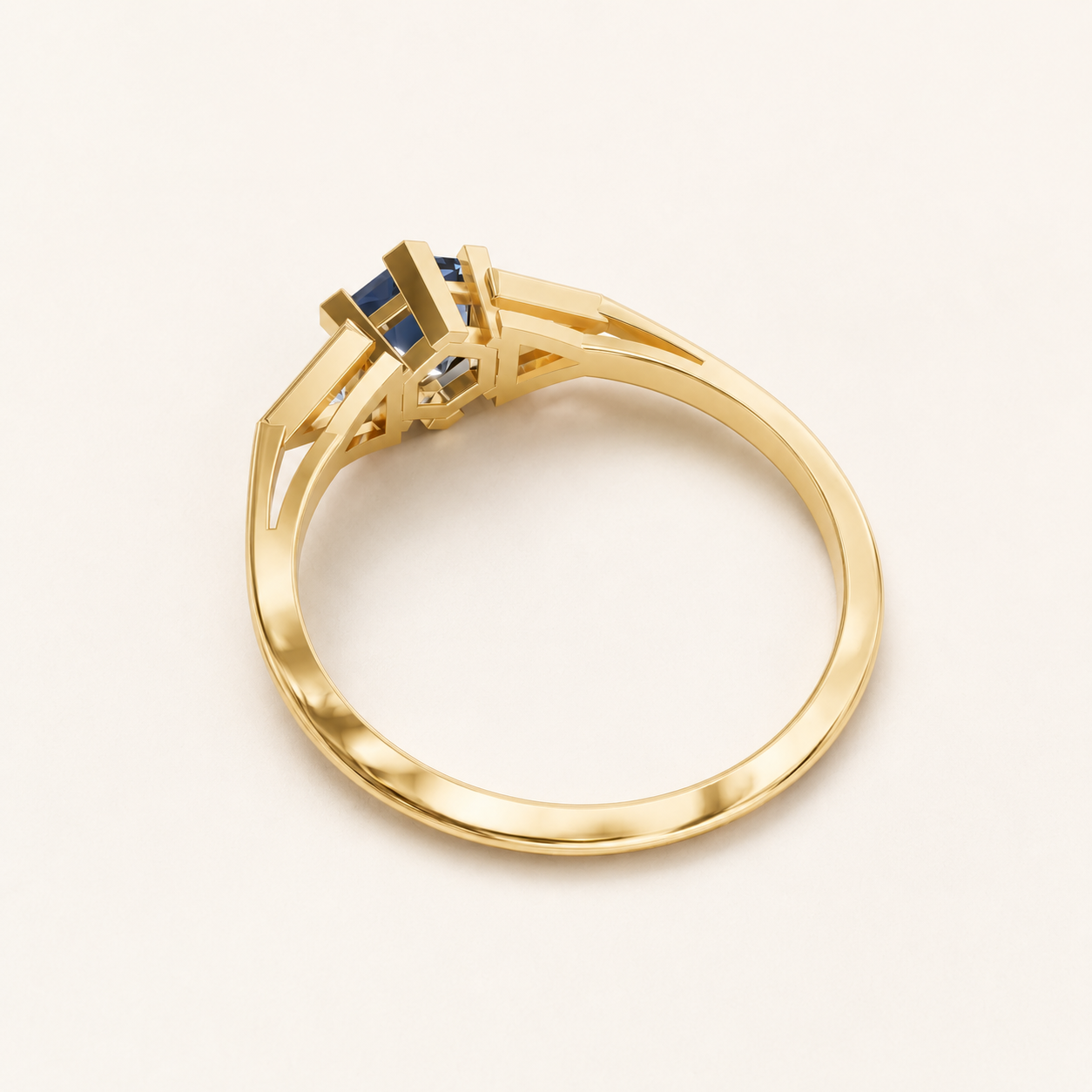 1.25 CT Hexagon Cut Blue Gemstone Three Stone Ring in 10K 14K 18K Yellow Gold, White Gold & Rose Gold | Art Deco Ring | NyvaaraLuxe - view 2