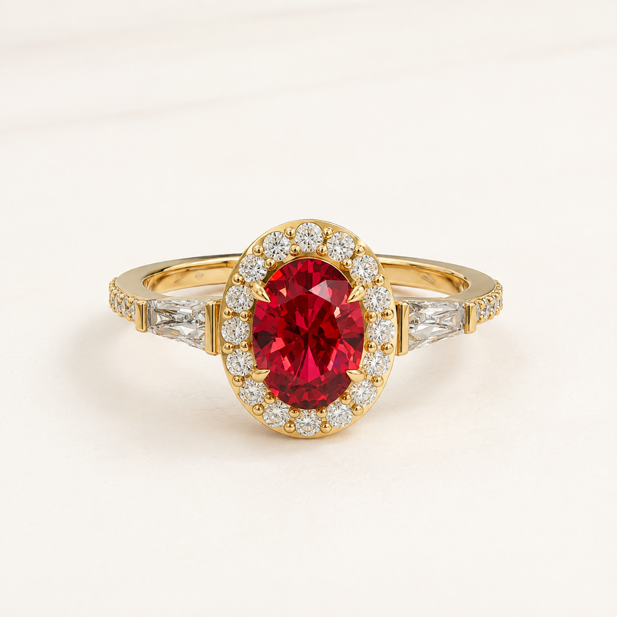 0.80 CT Oval Cut Ruby Red Gemstone Halo Ring in 10K 14K 18K Yellow Gold, White Gold & Rose Gold | Luxury Engagement Ring | NyvaaraLuxe