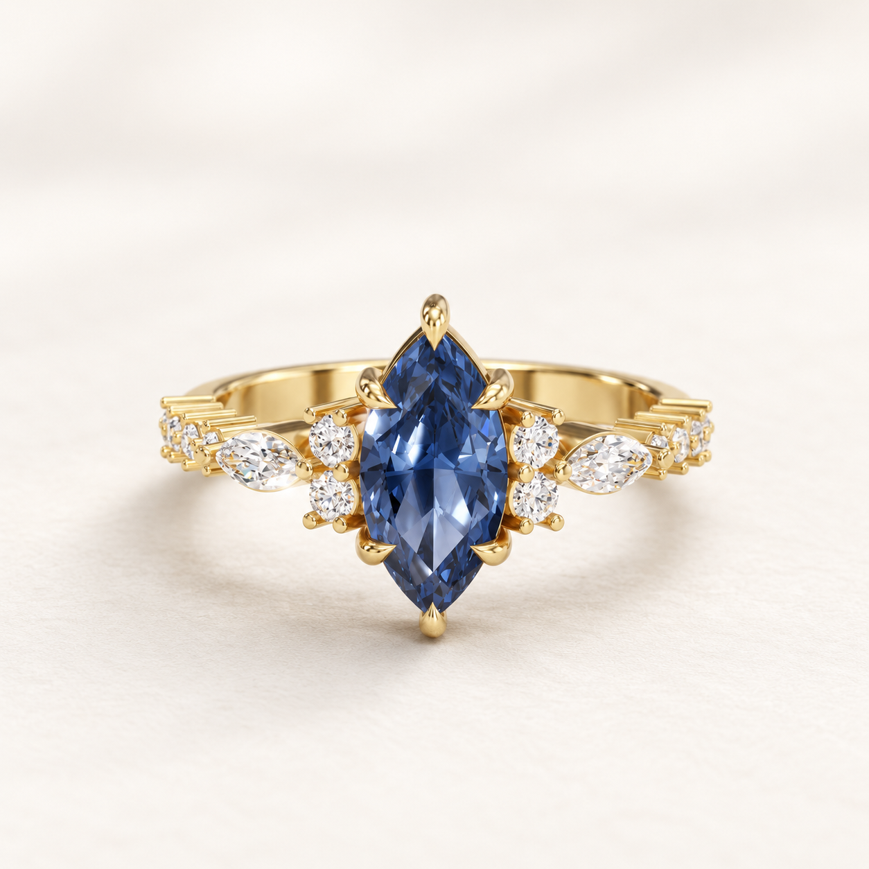 1.00 CT Marquise Cut Blue Gemstone Ring in 10K 14K 18K Yellow Gold, White Gold & Rose Gold | Floral Accent Engagement Ring | NyvaaraLuxe