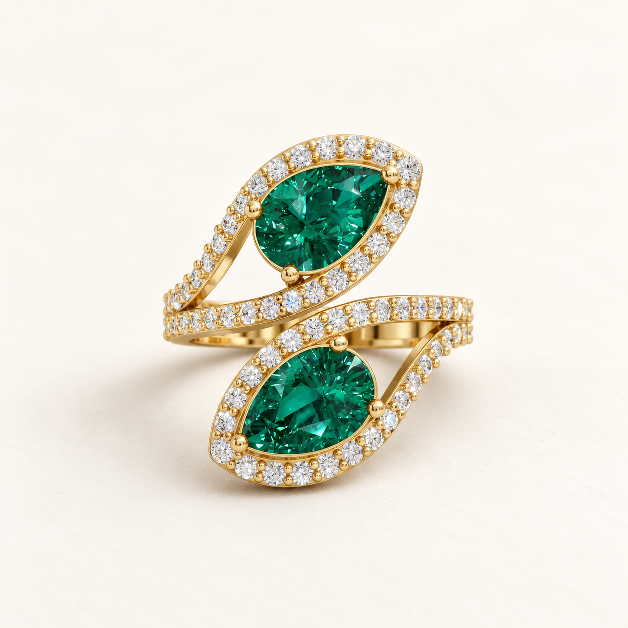 2.16 CT Pear Cut Green Gemstone Toi et Moi Ring in 10K 14K 18K Yellow Gold, White Gold & Rose Gold | Luxury Bypass Statement Ring | NyvaaraLuxe